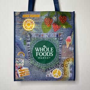 Whole Foods Market — Reusable Grocery Shopping Tote Bag Floral Denim Pocket NEW!